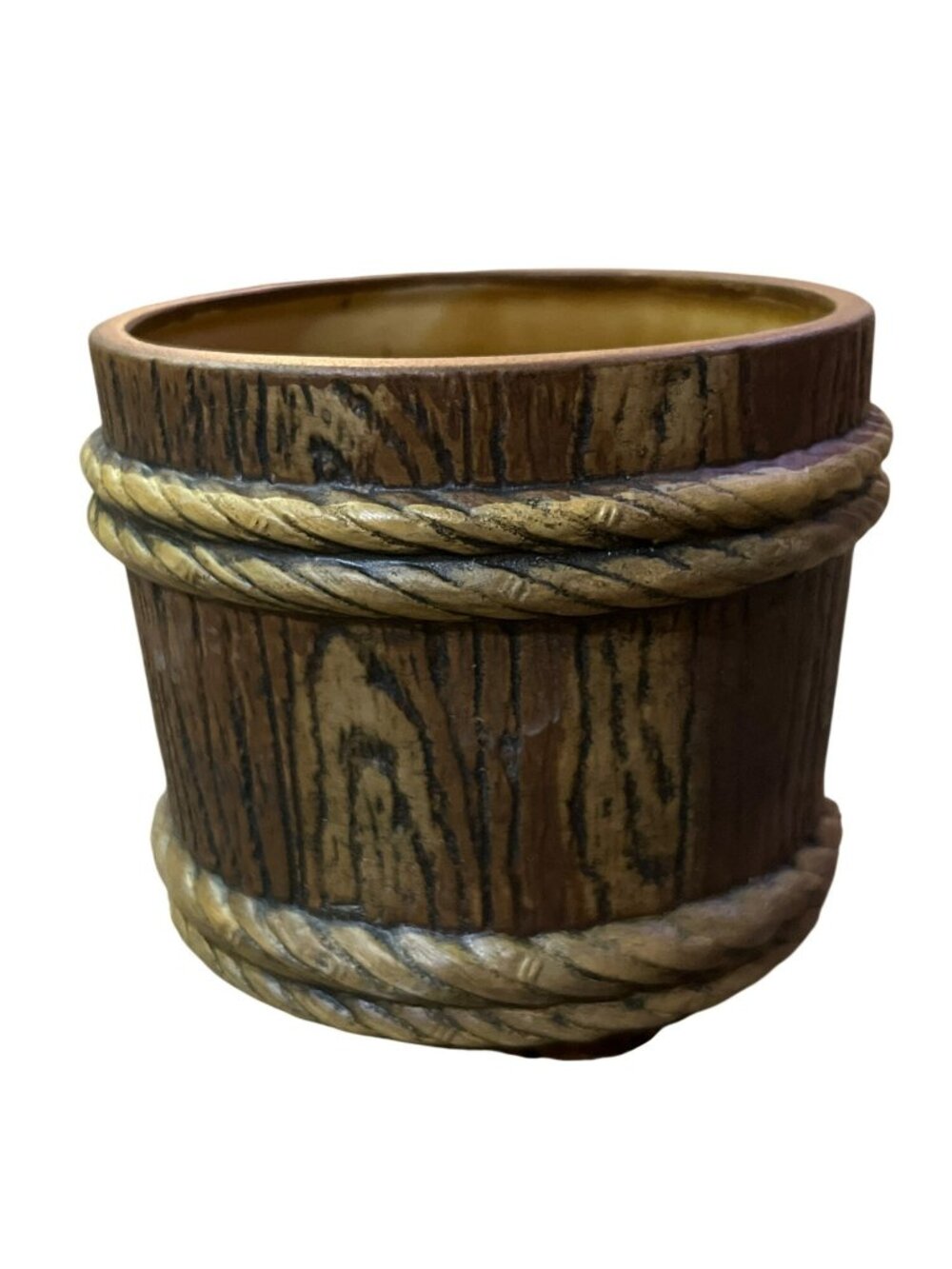 Napcoware C7398 Vintage Ceramic Barrel Planter Faux Wood & Rope Design Used